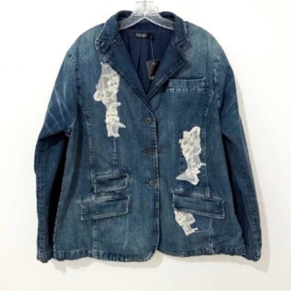Lauren Ralph Lauren Lace Sequin Bead Applique Denim Indigo Jacket Blazer NWT - Picture 2 of 6